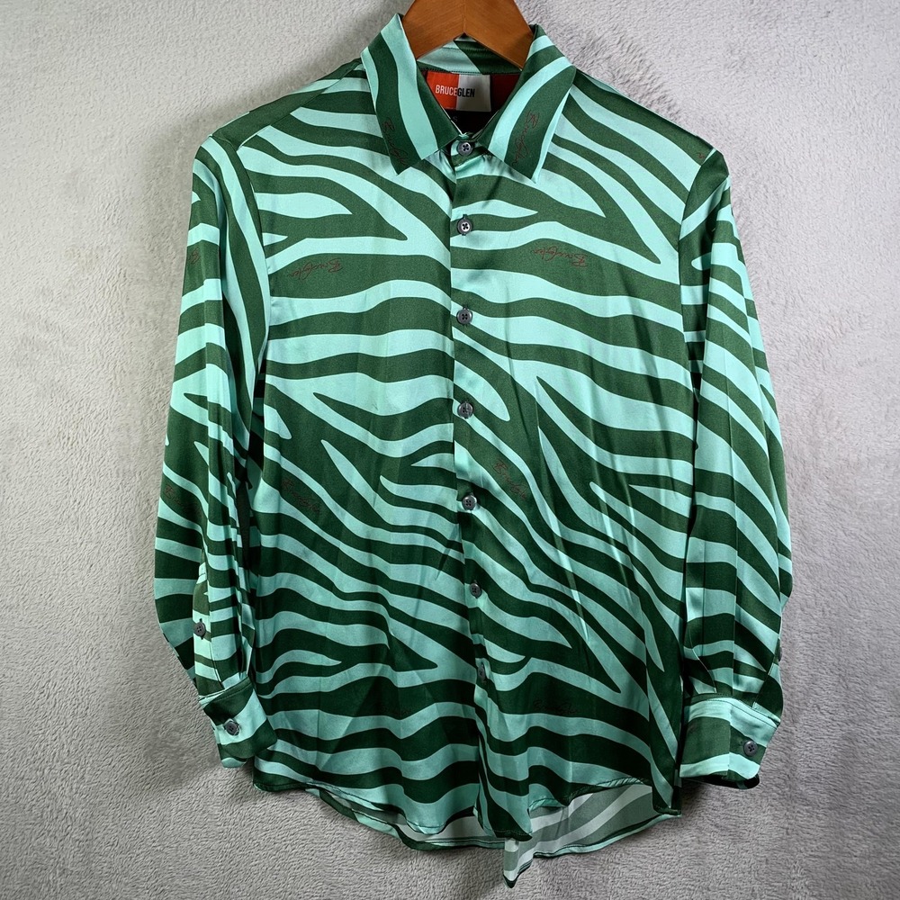 BruceGlen Shirt Womens Small Green Zebra Print Silk Satin Long Sleeve Button Up